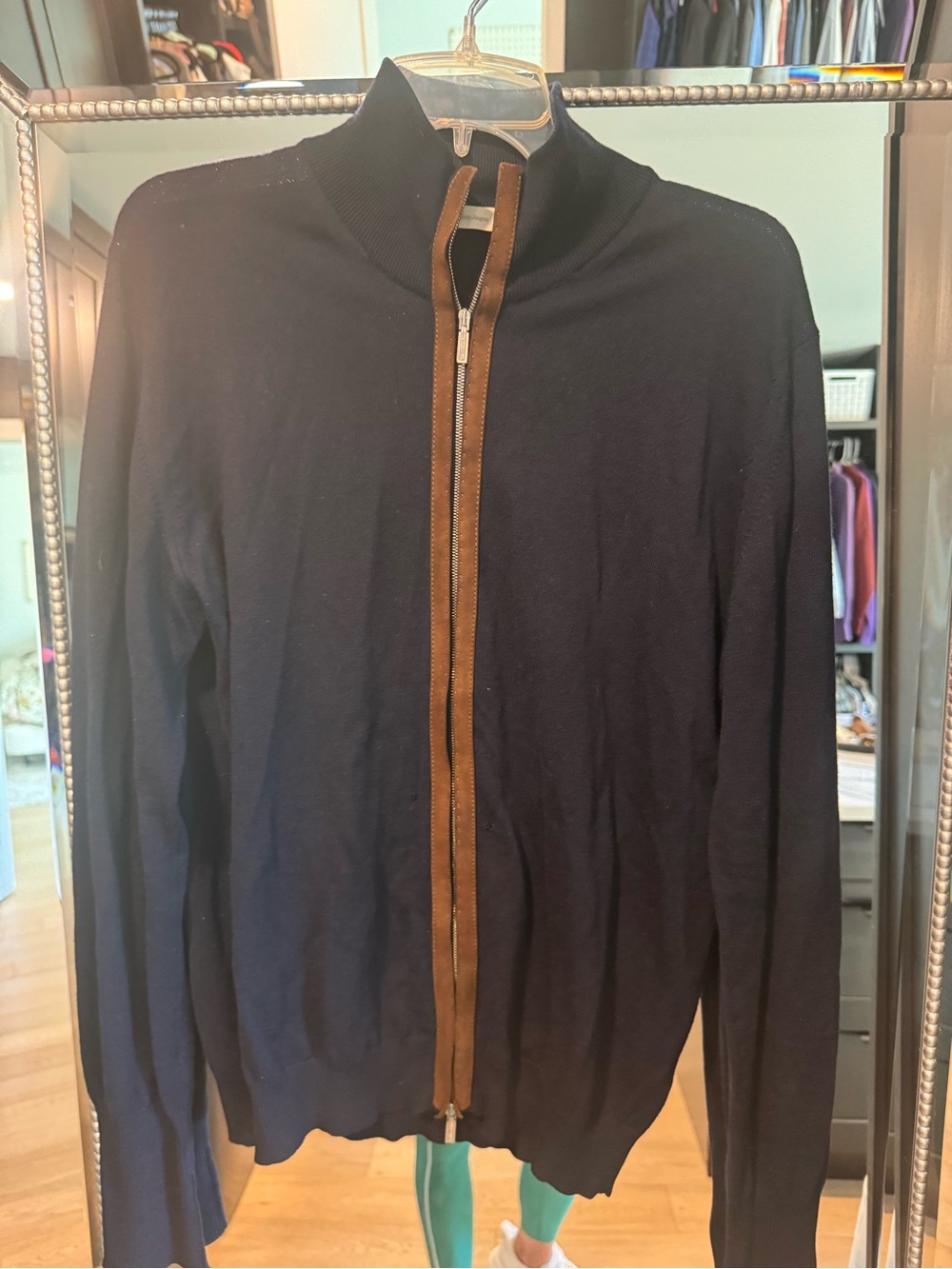 Ermenegildo Zegna Navy Zip-Up Sweater with Brown Trim